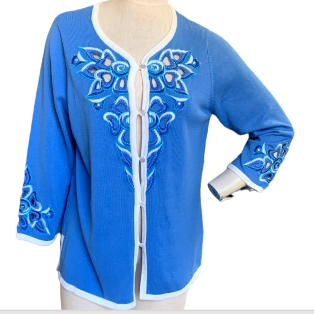 VTG Designer Bob Mackie Floral Embroidery Cutout Cardigan Sweater M Blue #48B